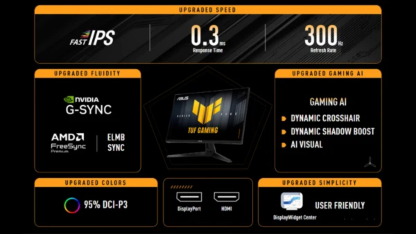 ASUS TUF Gaming Series 5 VG27AQM5A 27" QHD (2560x1440), 300Hz Refresh Rate, 0.3ms (GTG) Response Time, ELMB Sync, Stereo speaker, 95% DCI-P3, Fast IPS Gaming Monitor - Black