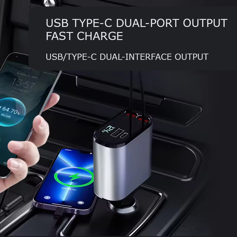 4-in-1 Fast Car Charger with Retractable Cables & PD Fast Charging for Mobiles