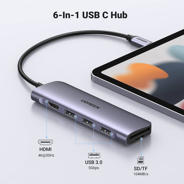 يوجرين موزع USB-C ٦ في ١ (شاحن ١٠٠ واط PD، مخرج HDMI 4K@30Hz) 15598-CM512