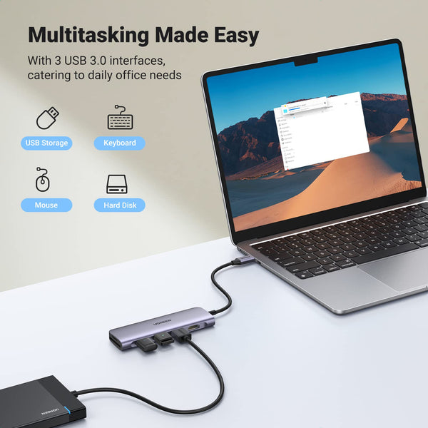 يوجرين موزع USB-C ٦ في ١ (شاحن ١٠٠ واط PD، مخرج HDMI 4K@30Hz) 15598-CM512