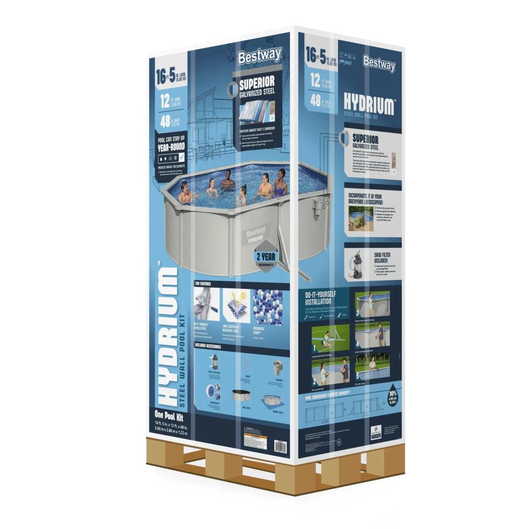 مسبح بيست واي بيضاوي مقاس 5.00 متر × 3.66 متر × 1.22 متر مع مضخة فلتر رملي 220 إلى 240 فولت، سكيمر لتنقية السطح، سلم أمان، غطاء، أرضية حماية، موزع مواد كيميائية، يتم التسليم على منصة نقل (غير شامل التركيب)