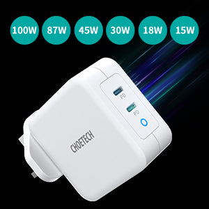 Choetech 100W Dual USB C Port Charger - with CC Cable - White