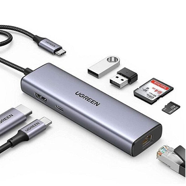 Adapter Hub UGREEN, USB-C to 2x USB 3.0, HDMI 4K30Hz, RJ45, SD/TF