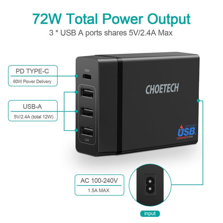 Choetech 3A+1C 72W Output ports wall charger - Level UpLevel UpAdapter6971824970302