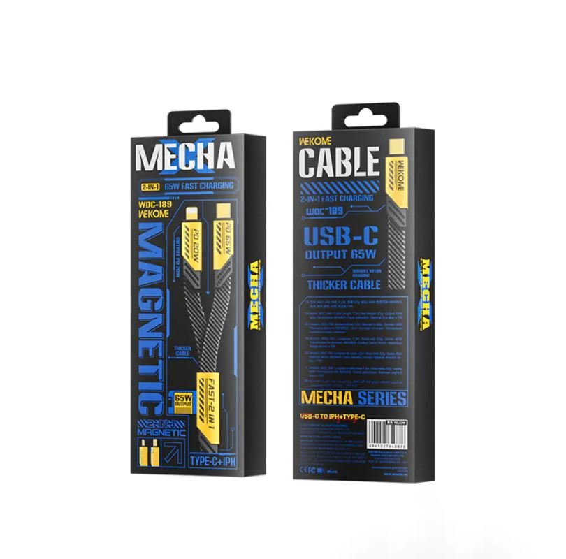 WEKOME WDC-189 Mecha Series - 2in1 USB-C to Lightning + USB-C 65W Fast Charging Cable 1.2 m - Yellow - Level UpWekomeCharging Cable6941027640821