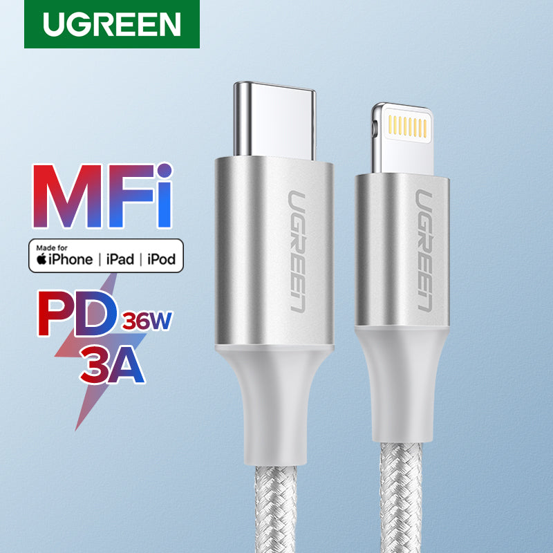 يوجرين كابل USB-C إلى Lightning ذكر/ذكر بقوة 20 واط هيكل ألومنيوم مضفر 1 متر فضي — US304-70523