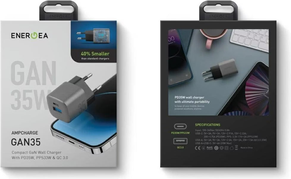 شاحن حائط Energea AMPCHARGE GAN35، 1C1A PD/PPS/QC3.0، بقوة 35 واط (المملكة المتحدة) - لون رمادي معدني