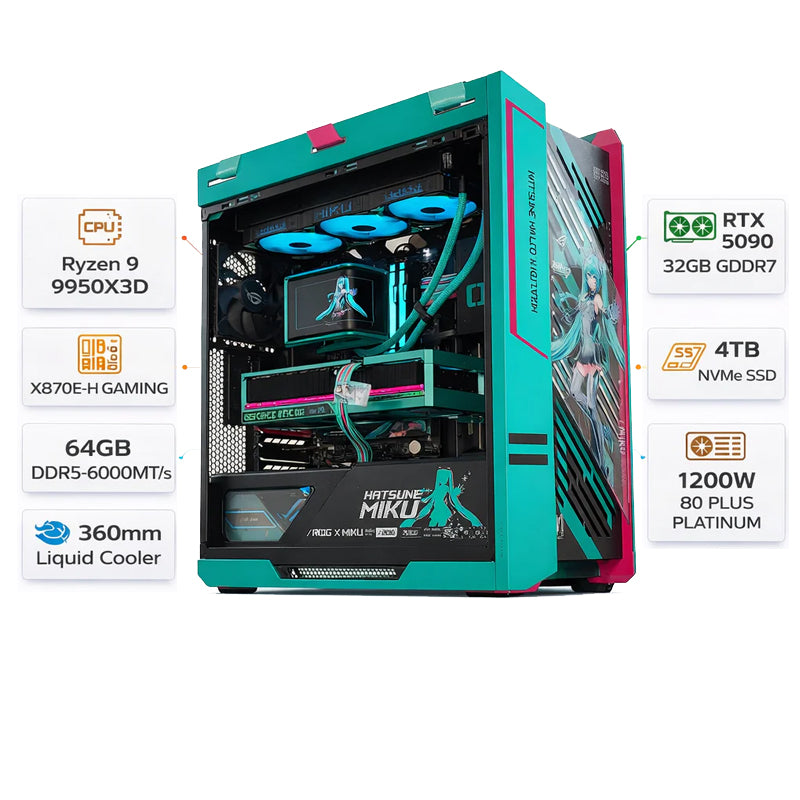 Custom Gaming PC Hatsune Miku Edition AMD Ryzen 9 9950X3D, RTX 5090 32GB, 64GB RAM DDR5 6000MHz, 4TB SSD, Win 11 Pro