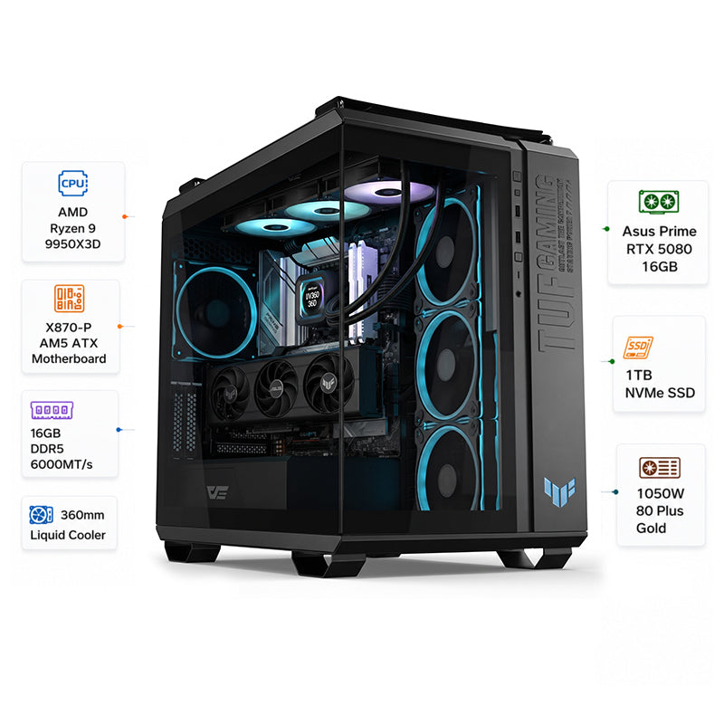 Custom Gaming PC AMD Ryzen 9 9950X3D, RTX 5080 16GB, Ram 16GB DDR5 6000MT/s, 1TB NVMe SSD, Windows 11 Pro