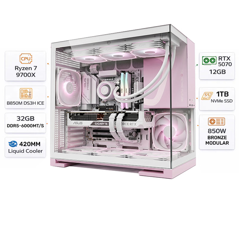 新品 パステルピンクのゲーミングPC Ryzen 9700X RTX 5070 Custom Gaming PC AMD Ryzen 7 9700X, RTX 5070 OC 12GB, 32GB RAM