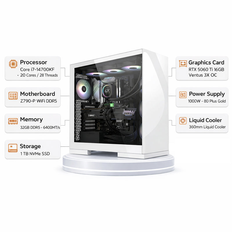 Custom Gaming PC Intel Core i7-14700KF, RTX 5060Ti 16GB Ventus 3X OC, 32GB Ram, 1TB SSD, Windows 11 Pro