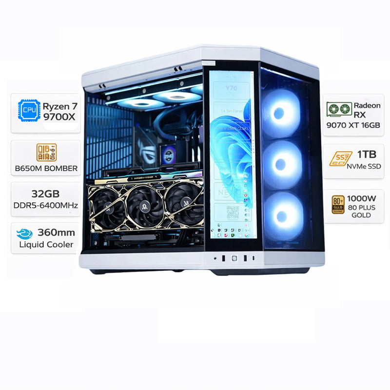 كمبيوتر الألعاب بمعالج إيه إم دي رايزن ٧ - ٩٧٠٠ إكس، كارت شاشة جرافا ستار ٩٠٧٠ إكس تي ‏١٦ جيجابايت، رامات ‏٣٢ جيجابايت دي دي آر ٥، هارد ‏١ تيرابايت إن في إم إي، ويندوز ١١ برو