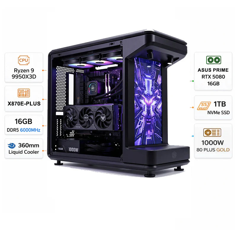Custom Gaming PC AMD Ryzen 9 9950X3D, RTX 5080 16GB, RAM 16GB DDR5 6000MHz, 1TB NVMe SSD, Windows 11 Pro