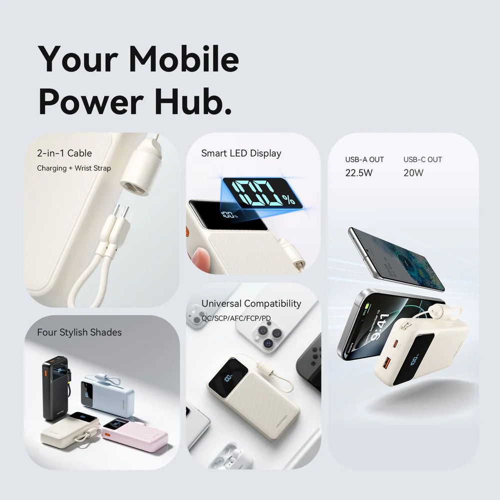 Vention Power Bank 20000mAh (USB-C + USB-C/USB-C/USB-A) with Built-in USB-C to USB-C Cable 22.5W