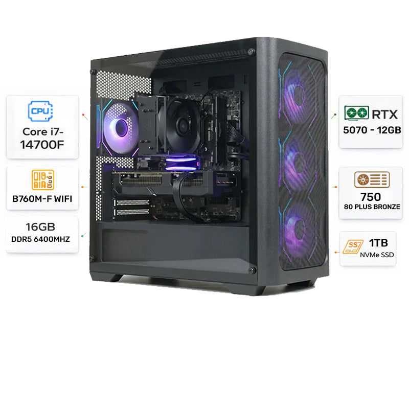 Custom Gaming PC Intel Core i5-14400F, RTX 5070 12GB, 16GB RAM DDR5 6400MHz, 1TB SSD, Windows 11 Pro