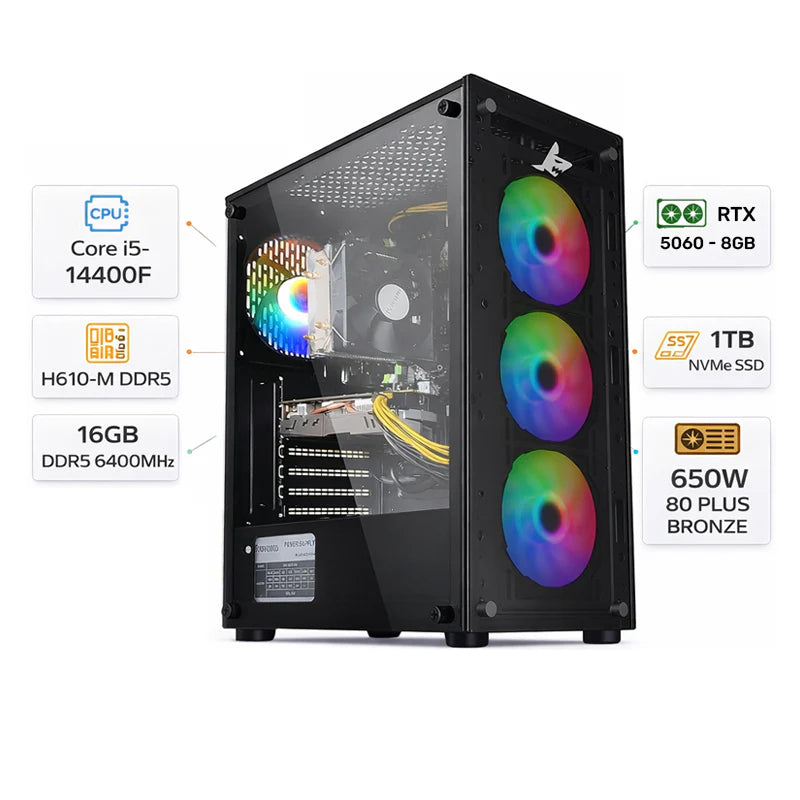 Custom Gaming PC Intel Core i5-14400F, RTX 5060 8GB, 16GB RAM DDR5 Custom Gaming PC Intel Core i5-14400F, RTX 5060 8GB, 16GB RAM DDR5