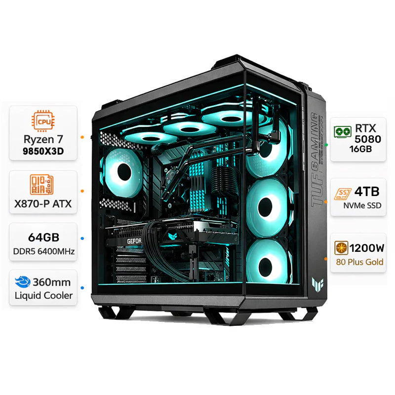 كمبيوتر الألعاب بمعالج رايزن ٧ ٩٨٥٠إكس٣دي، كارت شاشة آر تي إكس ٥٠٨٠ سعة ١٦ جيجابايت، رامات دي دي آر ٥ بسعة ٦٤ جيجابايت، هارد إس إس دي بسعة ٤ تيرابايت، ويندوز ١١ برو