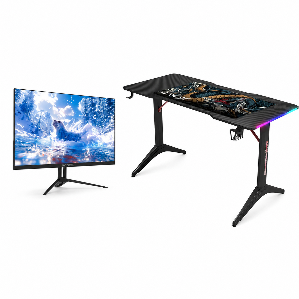 Gamax RGB Black Carbon fiber Gaming Table 120*60*74 cm Including Mousepad with Sades ST-Seal 22" FHD 1920x1080, 120Hz, IPS, Flat Black Gaming Monitor Special Bundle