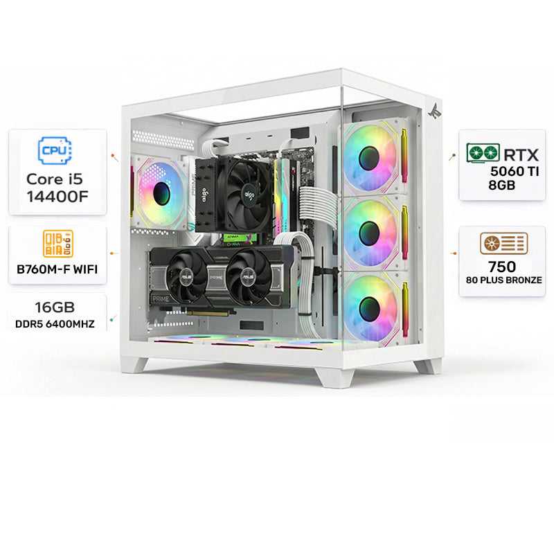 Custom Gaming PC Intel Core i5-14400F, RTX 5060Ti 8GB, 16GB RAM DDR5 6400MHz, Windows 11 Pro