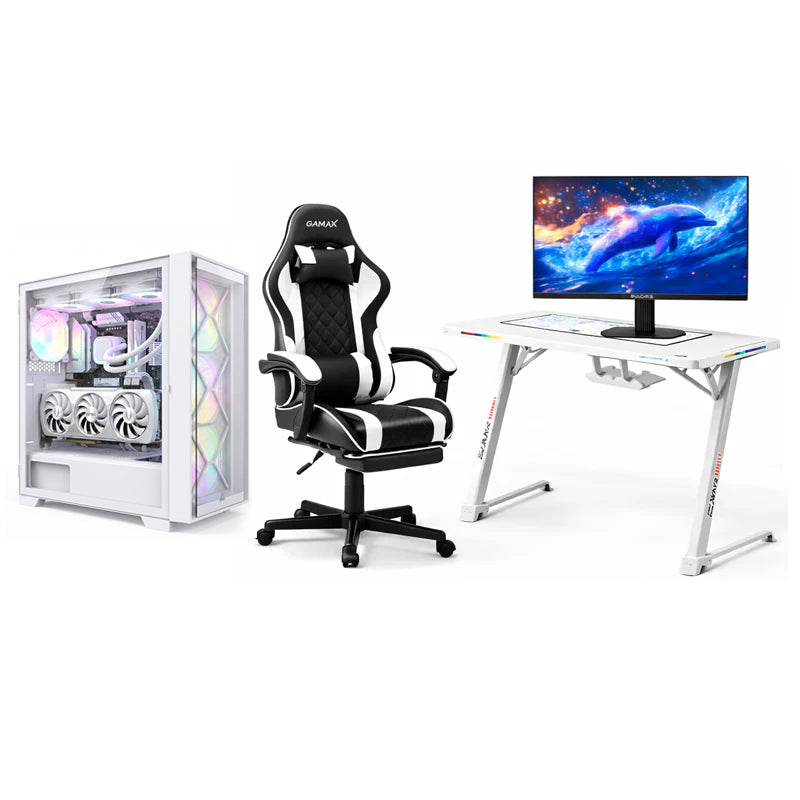 Custom Gaming PC Set Intel Core i5-12400F, RTX 5070 12GB, 16GB DDR5 RAM, 1TB SSD, With Sades 27" QHD Monitor, Gamax Gaming Chair & Gamax TD-03 Carbon Fiber Gaming Table (White Edition)
