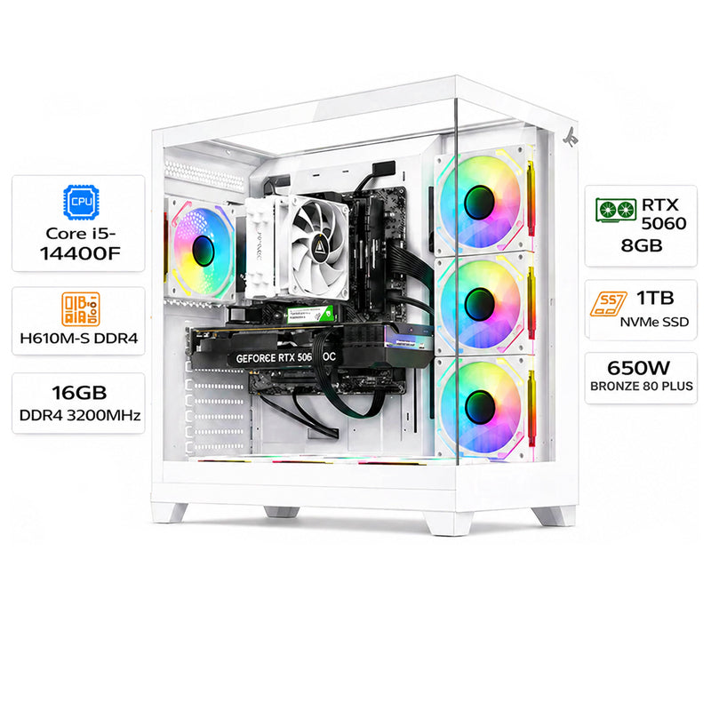 Custom Gaming PC Intel Core i5-14400F, RTX 5060 8GB, 16GB DDR4 ,1TB NVMe, Windows 11 Pro