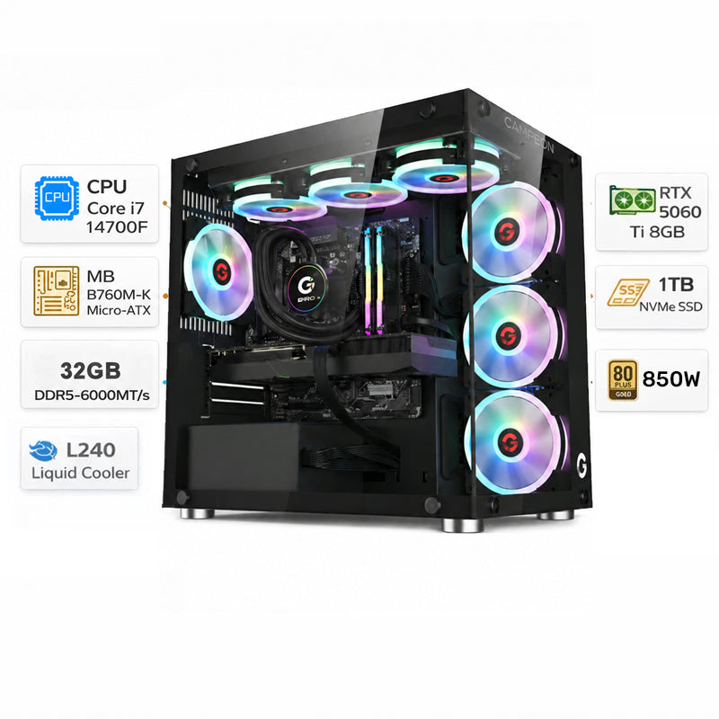 Custom Gaming PC Intel Core i7-14700F, RTX 5060 Ti, 32GB DDR5, 1TB NVMe, Windows 11 Pro