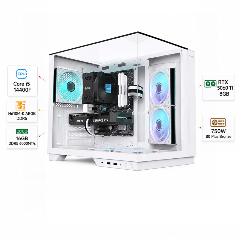 Custom Gaming PC Core i5-14400F, RTX 5060 TI 8GB, Ram 16GB DDR5 6000MT/s, 1TB NVMe SSD, Windows 11 Pro