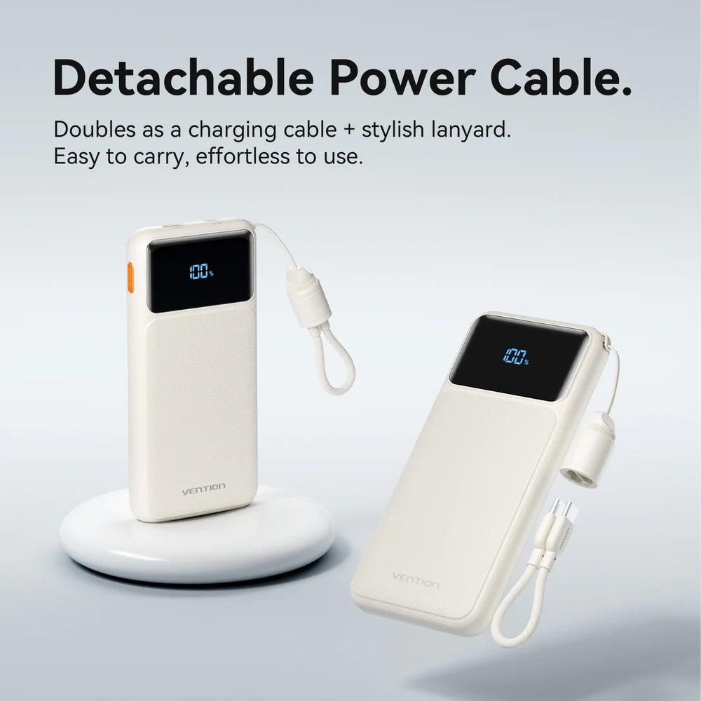 Vention Power Bank 10000mAh (USB-C + USB-C/USB-C/USB-A) with Built-in USB-C to USB-C Cable 22.5W