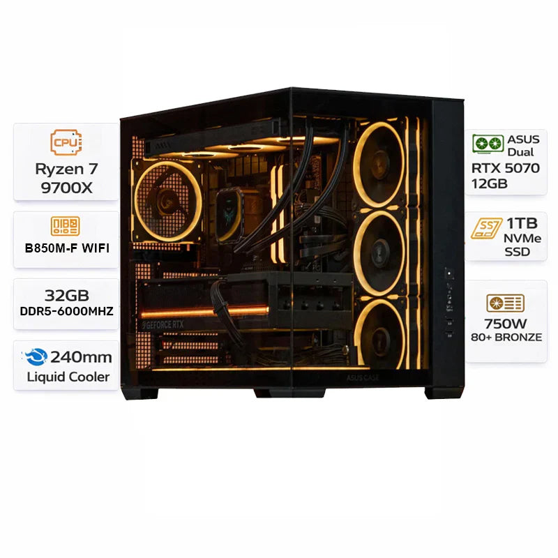 Custom Gaming PC AMD Ryzen 7 9700X , RTX 5070 (12GB), DDR5 32GB 6000MHz RAM, 1TB NVMe SSD, Windows 11 Pro