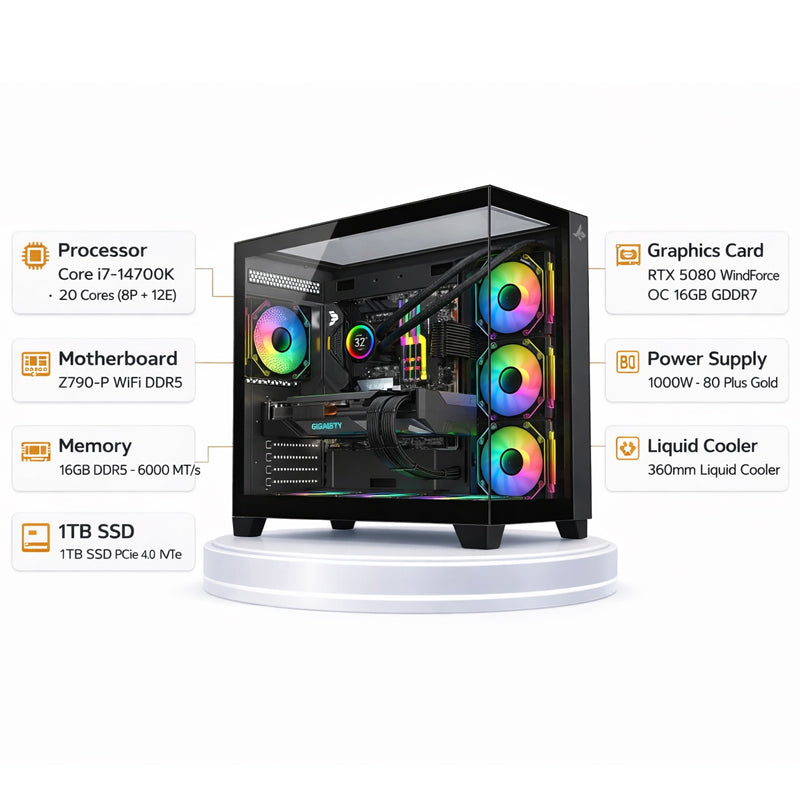 Custom Gaming PC Intel Core i7-14700K, RTX 5080 16GB GDDR7, 16GB DDR5 6000MT/s, 1TB NVMe SSD, Windows 11