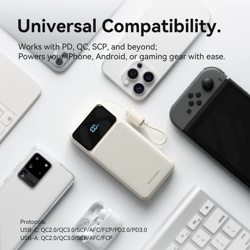 Vention Power Bank 10000mAh (USB-C + USB-C/USB-C/USB-A) with Built-in USB-C to USB-C Cable 22.5W