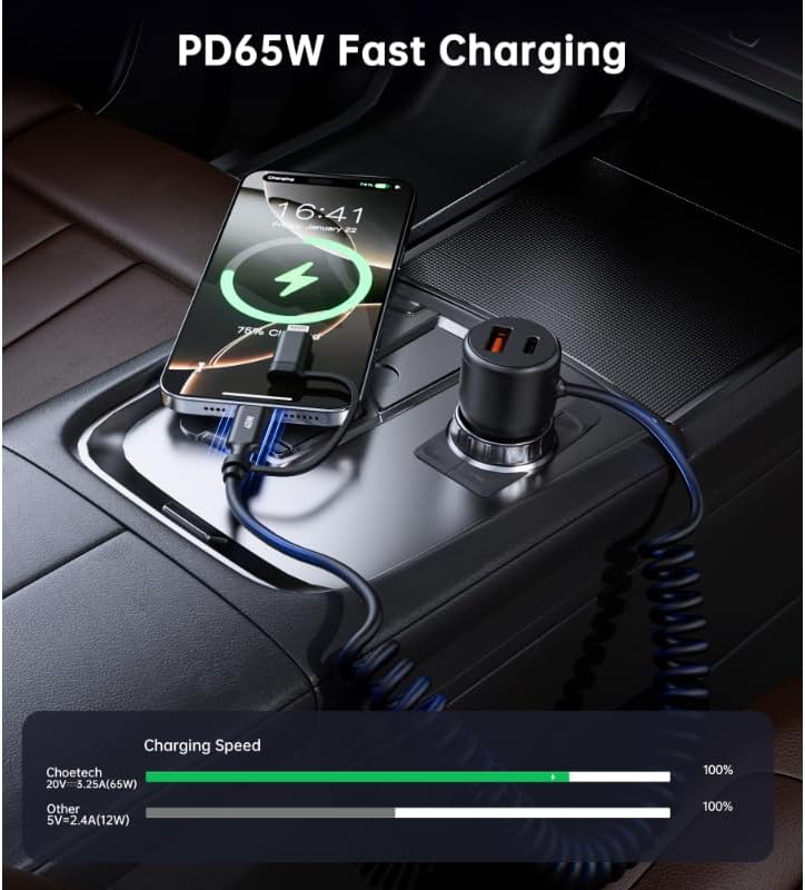 شاحن سيارة Choetech TC0038 بقوة 65W بمنفذ USB-C ومنفذ Lightning – شحن سريع
