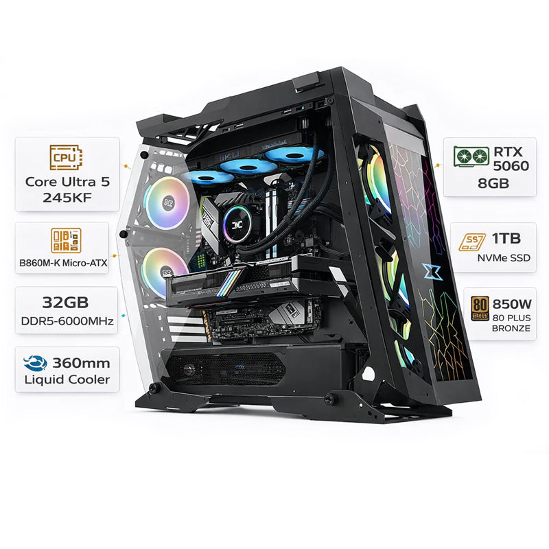 Custom Gaming PC Intel Core Ultra 5 245KF, RTX 5060 Ti 8GB GDDR7, 32GB DDR5 6000MHz, 1TB NVMe, Windows 11 Pro