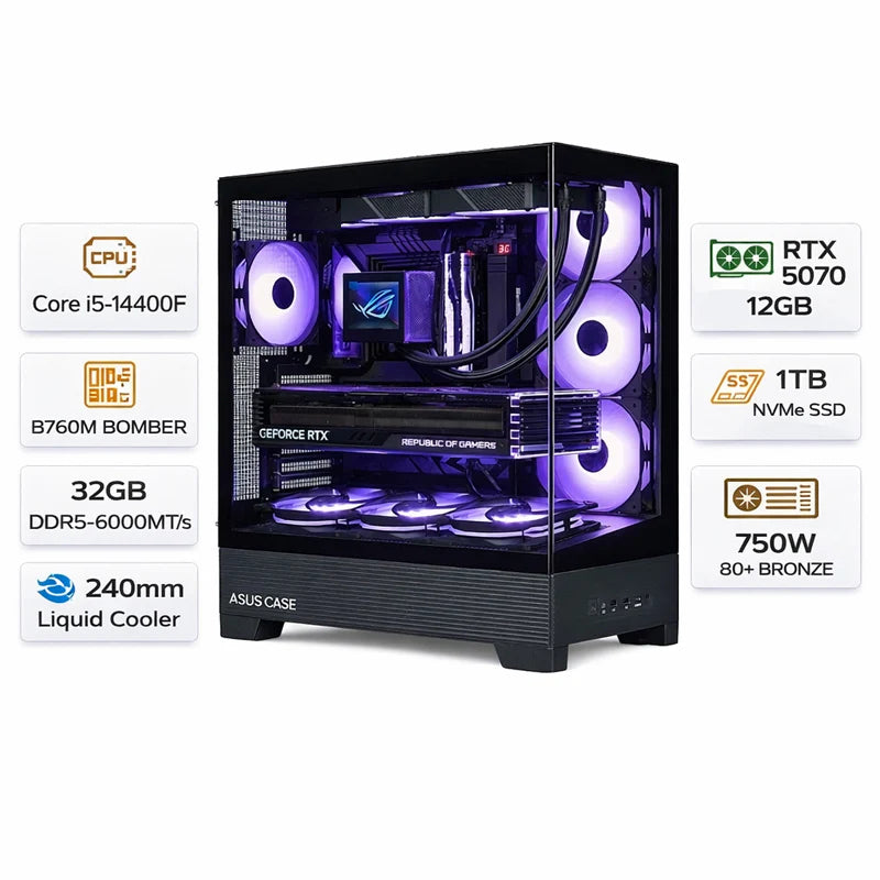 Custom Gaming PC Intel Core i5-14400F, RTX 5070 (VRAM 12GB), DDR5 32GB RAM, 1TB NVMe SSD, Windows 11 Pro