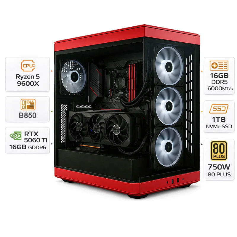 Custom Gaming PC AMD Ryzen 5 9600X, RTX 5060 Ti 16GB, RAM 16GB DDR5, 1TB NVMe SSD, Windows 11