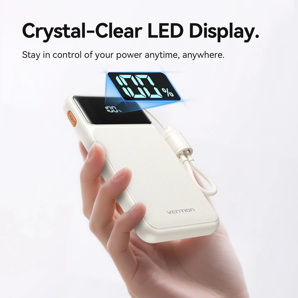 Vention Power Bank 10000mAh (USB-C + USB-C/USB-C/USB-A) with Built-in USB-C to USB-C Cable 22.5W