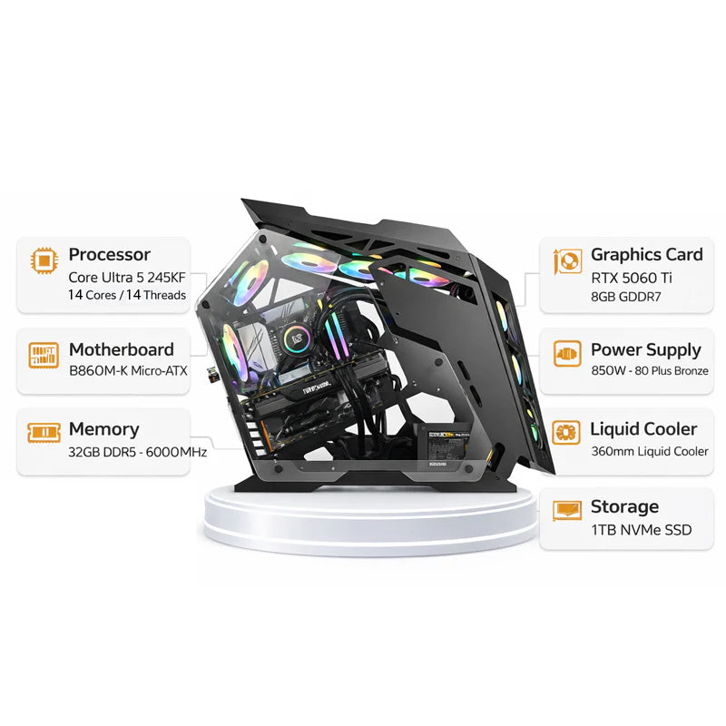 Custom Gaming PC Intel Core Ultra 5 245KF, RTX 5060 Ti 8GB GDDR7, 32GB DDR5 6000MHz, 1TB NVMe, Windows 11 Pro