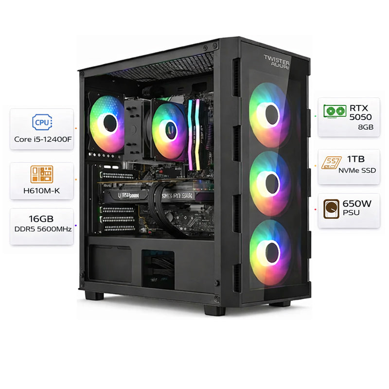 Custom Gaming PC i5-12400F, RTX 5050 8GB , 16GB DDR5 RAM, 1TB SSD, Windows 11 Pro