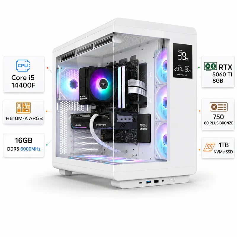 Custom Gaming PC Intel Core i5-14400F, RTX 5060Ti 8GB, 16GB RAM DDR5 6000MHz, Windows 11 Pro
