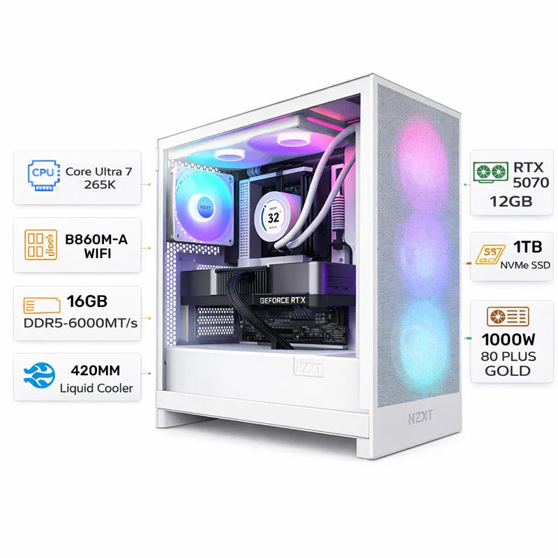 Custom Gaming PC Intel Core Ultra 7 265K, RTX 5070 12GB, 16GB DDR5 RAM 6000MT/s, 1TB NVMe, Windows 11 Pro