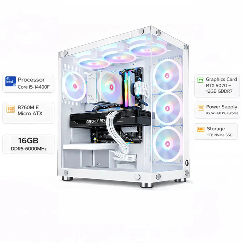 Custom Gaming PC Intel Core i5-14400F RTX 5070 12GB GDDR7, 16GB RAM DDR5, 1TB NVME SSD, Win 11 Pro