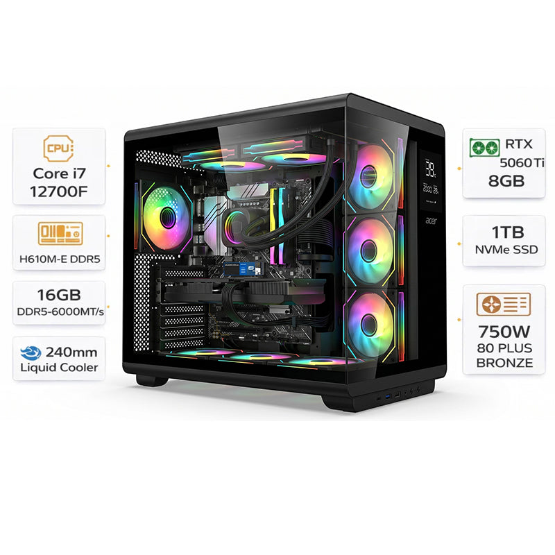 Custom Gaming PC Intel Core i7-12700F, RTX 5060 Ti 8GB, 16GB RAM DDR5 6000MHz, 1TB NVMe, Windows 11 Pro