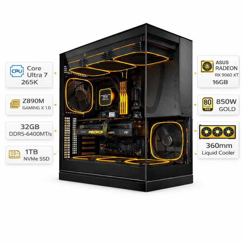 Custom Gaming PC Intel Core Ultra 7 265K, Asus RX 9060 XT 16GB, 32GB DDR5, 1TB NVMe, Windows 11 Pro