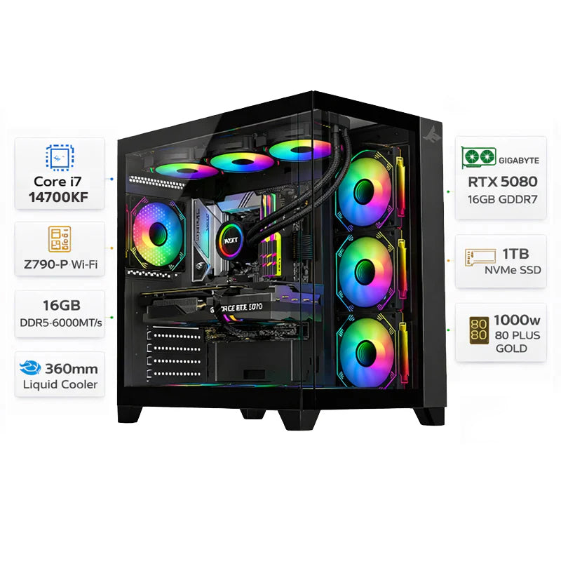Custom Gaming PC Intel Core i7-14700KF, RTX 5080 16GB GDDR7, 16GB DDR5 6000MT/s, 1TB NVMe SSD, Windows 11