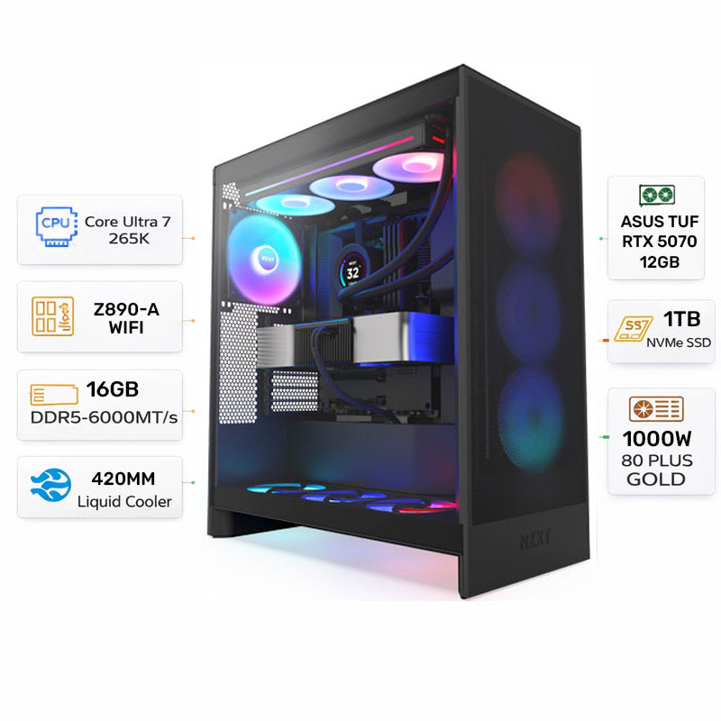 Custom Gaming PC Intel Core Ultra 7 265K, ASUS TUF RTX 5070 12GB, 16GB DDR5 RAM, 1TB NVMe SSD, Windows 11 Pro