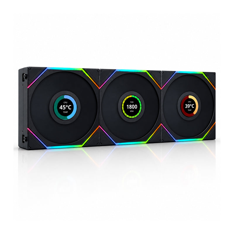 ليان لي يوني فان تي إل إل سي دي مقاس ١٢٠ ملم بإضاءة آر جي بي، ثلاث مراوح، مع شاشة إل سي دي مقاس ١٫٦ بوصة