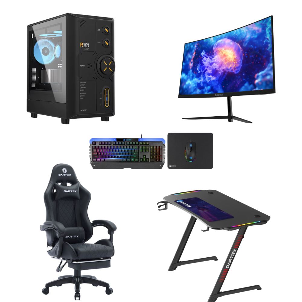 Custom Gaming PC Bundle — Intel Core i5-14400F, RTX 5060 & 24" Curved Monitor with Full Setup