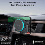 Promate 2-in-1 MagSafe Compatible 15W Wireless Car Charger with Built-in Wireless Mono ENC Earphone - Black