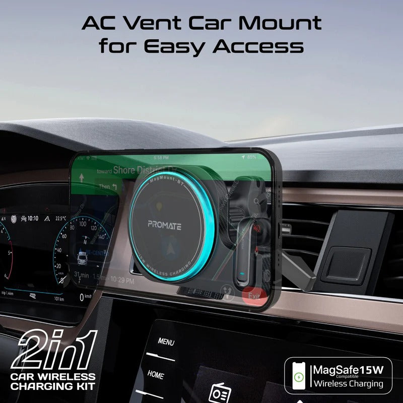 Promate 2-in-1 MagSafe Compatible 15W Wireless Car Charger with Built-in Wireless Mono ENC Earphone - Black