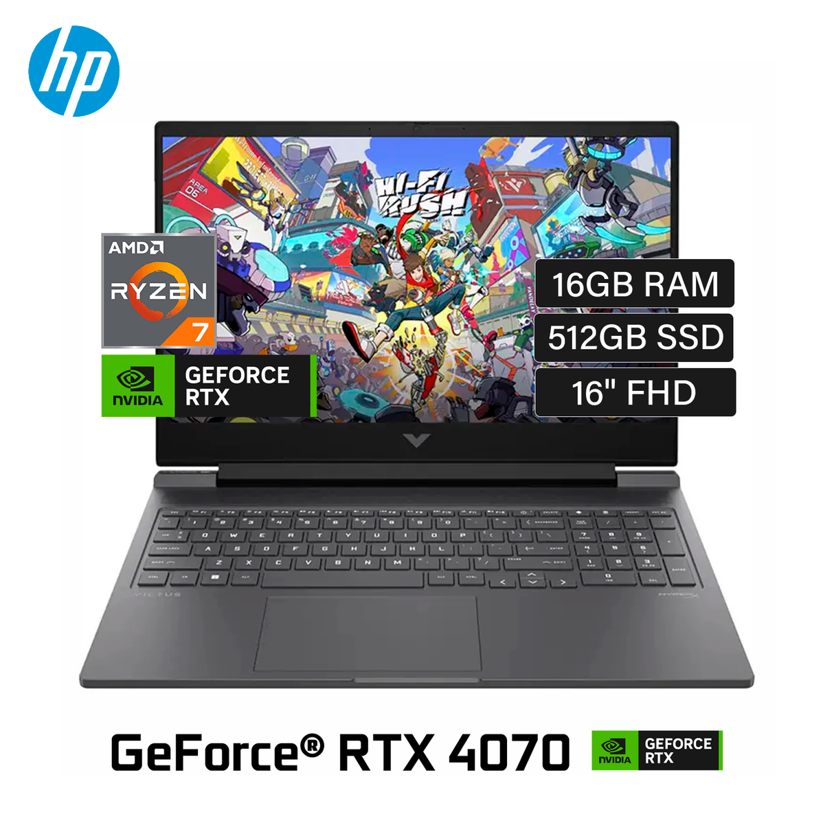 لابتوب قيمنق HP 16-S1023DX، معالج Ryzen 7 8845HS، كرت RTX 4070، رام 16GB، تخزين 512GB SSD، شاشة 16.1 بوصة FHD، ويندوز 11